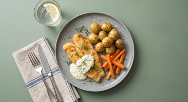 Fiskefilet m. citron-dild mayo, stegte kartofler og gulerødder