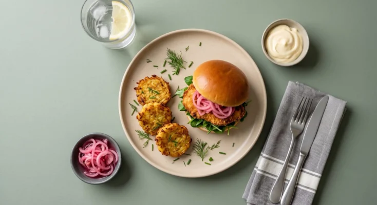 Crispy chicken Burger med syltede løg & pommes frites