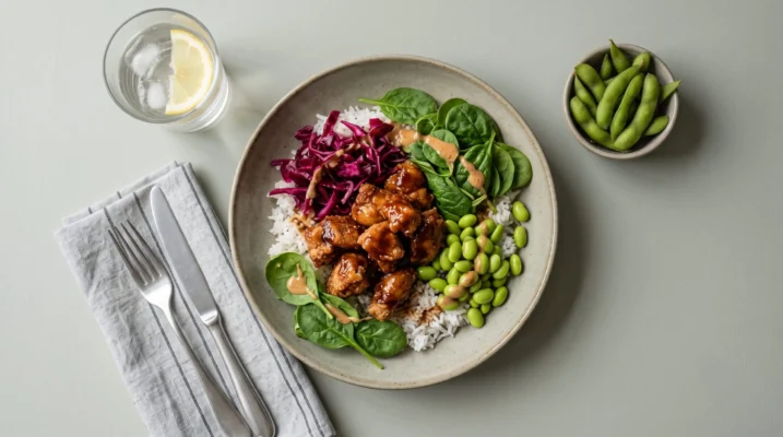 Sticky chicken poké bowl med spinat og syltet rødkål