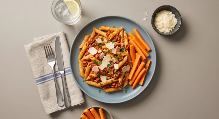 Pasta i krydret chorizosauce, parmesan og gnave gulerødder