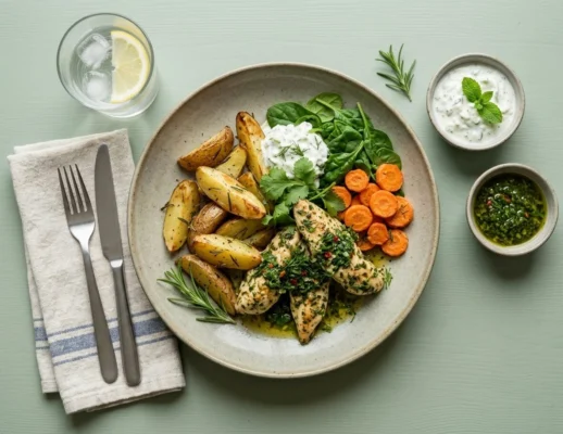 Urtemarineret kylling m. kartoffelbåde, tzatziki, spinat og bagte gulerødder