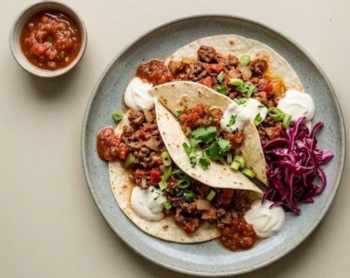 Tortillas m. oksekødsfyld, syltet kål, salsa og creme fraiche