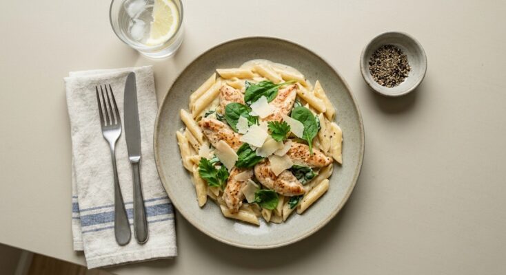 Kylling i mild parmasan-flødesauce m. pasta, spinat og ost