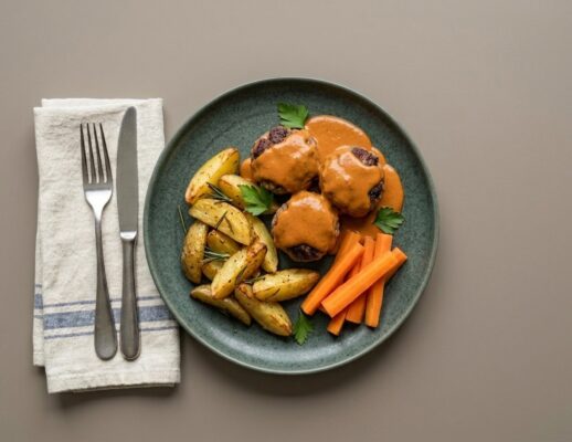 Oksefrikadeller m. kartoffelbåde, favoritsauce og gulerødder