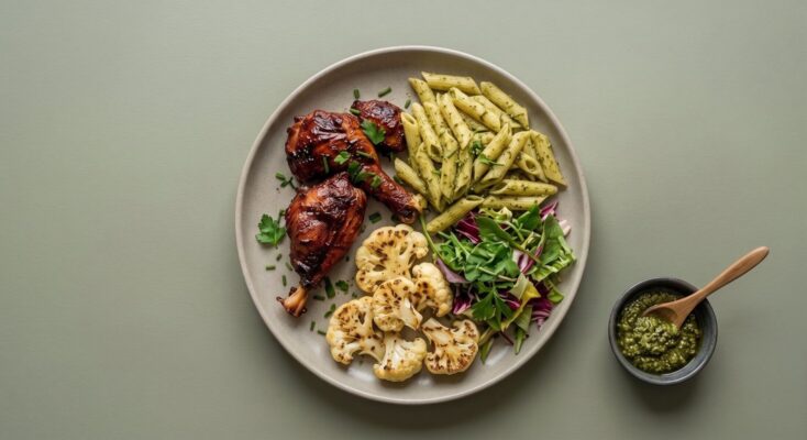 Ølmarineret køller m. pasta, pesto, grillet blomkål og salat🥗