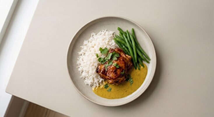 Stegt kyllinge overlår m. jasminris, karrysauce og bønner