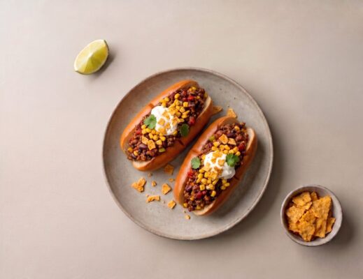Mexicansk hot dog m. oksekødsauce, bagte majs, cremefraiche og tortilla chips