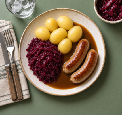 Medister m. kartofler, skysauce og rødkål