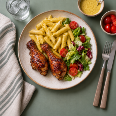 Stegt kyllingelår m. salat af tomat, dressing, salat og pasta 🥗