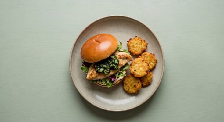 Kyllingeburger med salat, agurkerelish og rösti 🥗