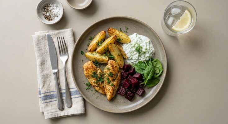Stegt kylling m. m. kartoffelbåde, tzatziki, bagte rødbeder og spinat