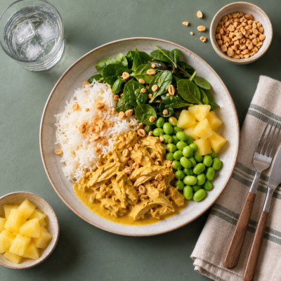 Ristaffel m. kylling i karry, ananas, peanuts og spinat