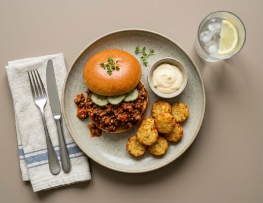 Sloppy Joe Burger med syltede agurker og rösti