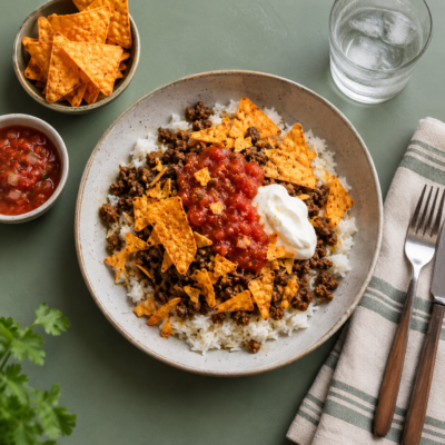 Mexicansk risret med oksekød, salsa, cremefraiche og sprøde tortilla chips🌶️