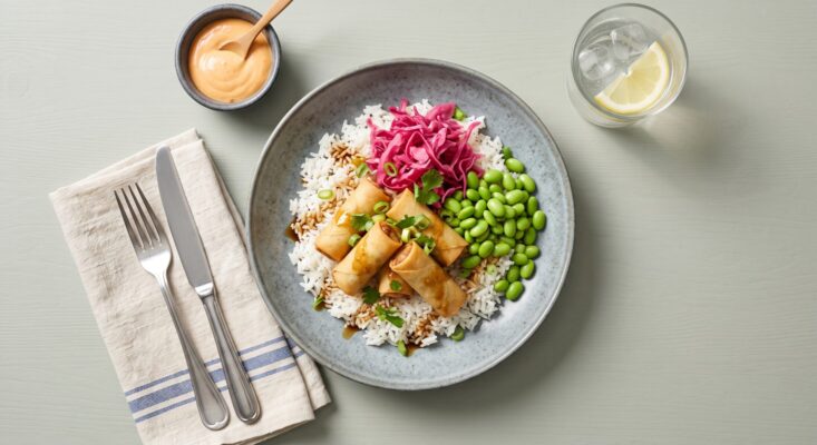 Crispy Spring Roll Bowl med teriyaki, chili mayo og jasminris🌶️