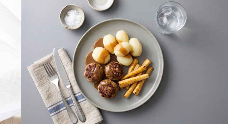 Frikadeller m. skysauce, kartofler og bagte pastinakker