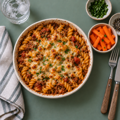 Gratineret onepot pasta med oksekød, ost og gnave gulerødder