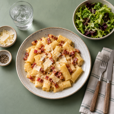 Carbonara m. rigatoni, bacon, ost og salat