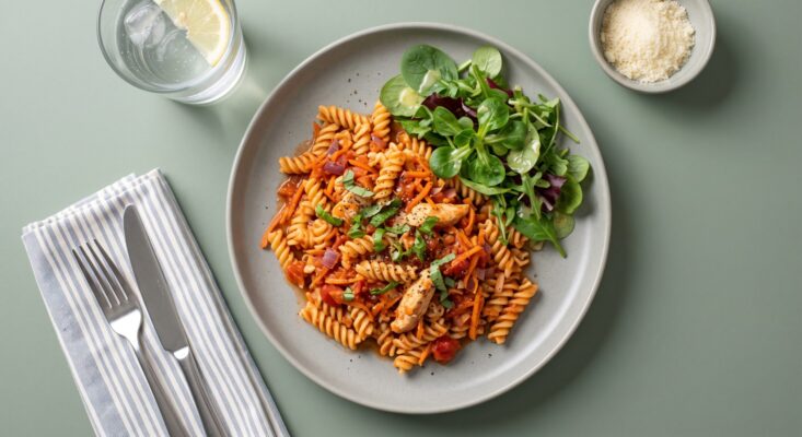 Onepot m. pasta m. kylling, grøntsager og salat