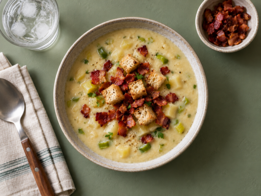 Kartoffel-porre suppe hertil bacon og brød