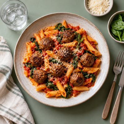 Pasta al Pomodoro med kødboller og spinat