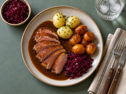 Mortensaften: Stegt andebryst med kogte kartofler, brunede kartofler, klassisk andesauce og rødkål