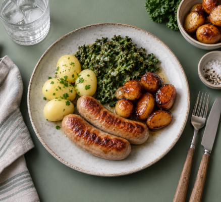Medister m. grønlangkål, brune og hvide kartofler