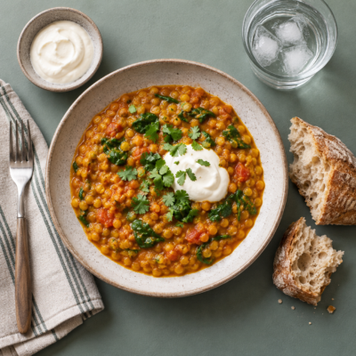 Indisk dahl hertil creme fraiche og brød