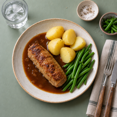 Gl. dags farseret porre med brun sauce, kartofler og bønner