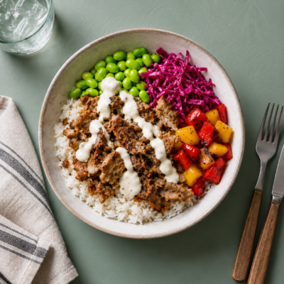 Kebab Bowl med jasminris, edamame, grillede peberfrugter og cremet dressing