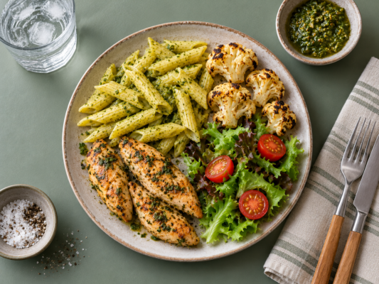 Persillemarineret kylling m. pasta, pesto, grillet blomkål og salat🥗