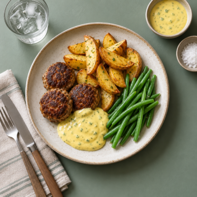 Oksefrikadeller m. kartoffelbåde, bearnaisesauce og grønne bønner