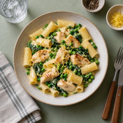 Kylling i citronfløde sauce, ærter, spinat og pasta